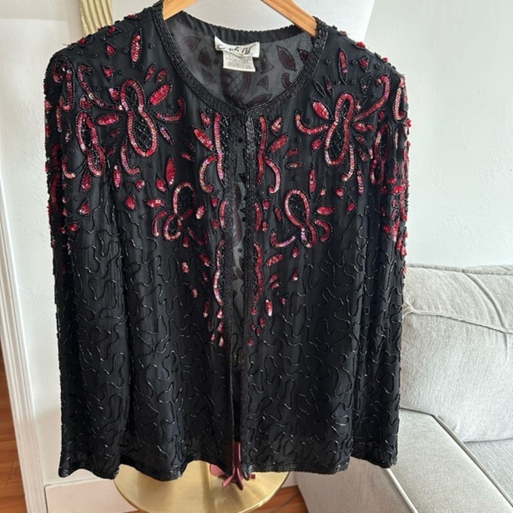 Silk Size L Red Black  Sequin Beaded Party Fairy Top Jacket Blazer Women Formal